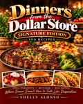 Dinners from the Dollar Store Signature Edition approved flat cover featuring Cajun butter steak, loaded baked potato and broccoli