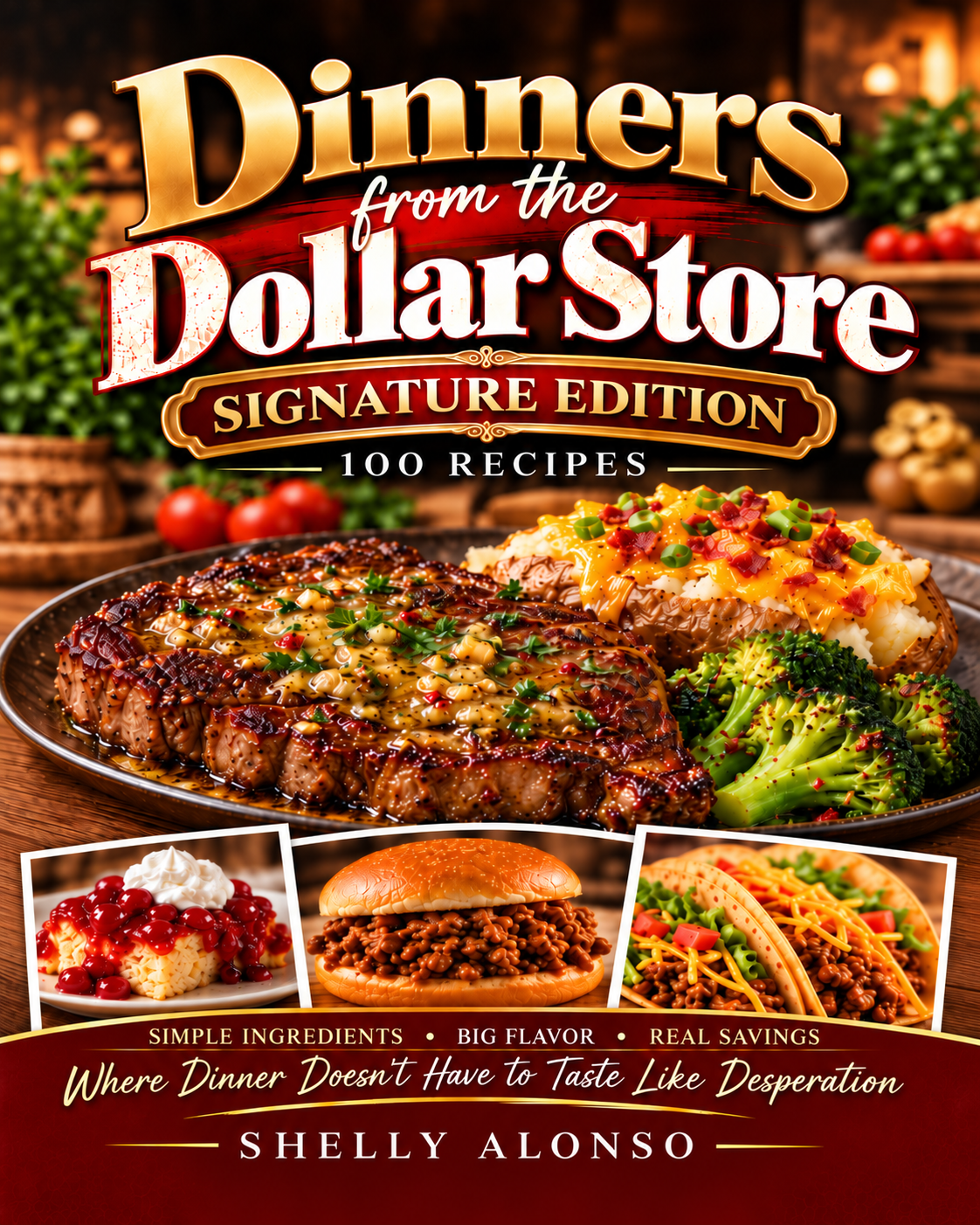 Dinners from the Dollar Store Signature Edition approved flat cover featuring Cajun butter steak, loaded baked potato and broccoli